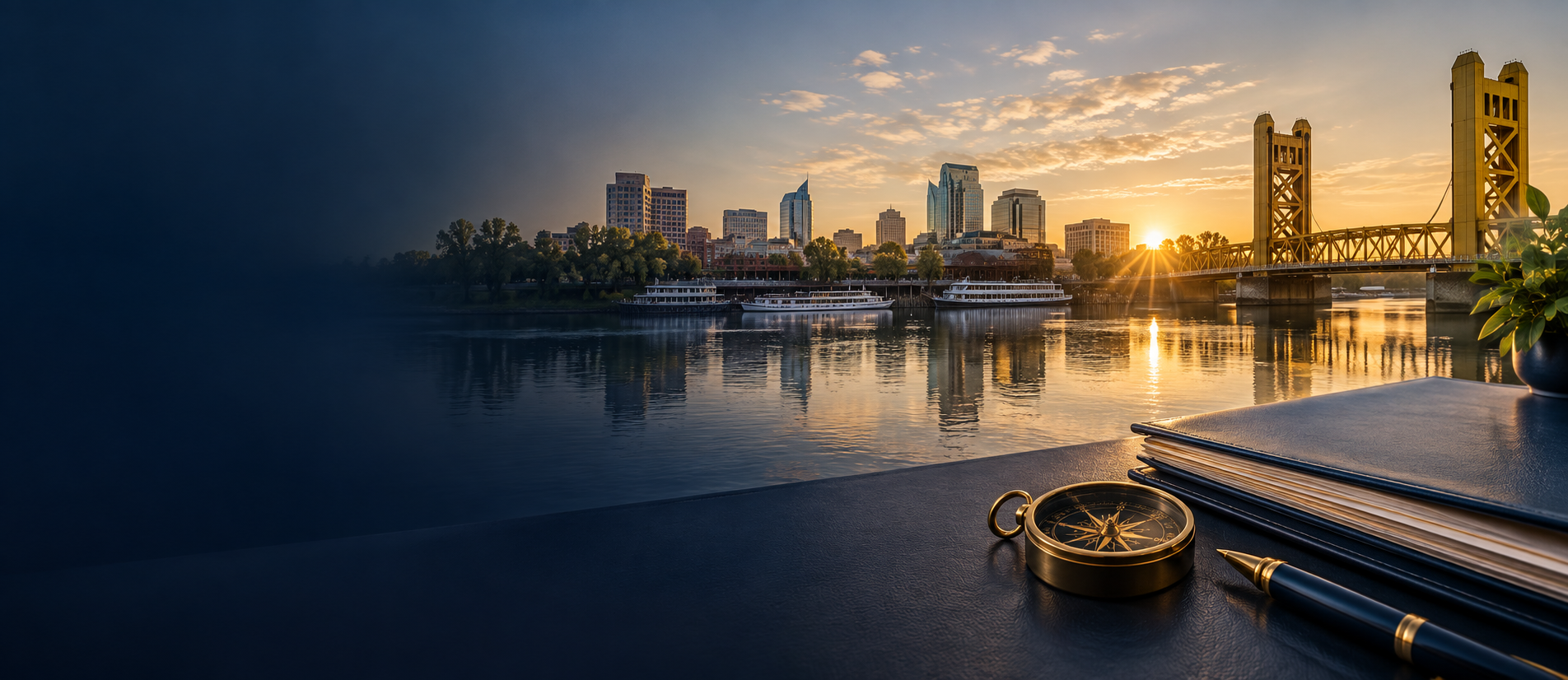 Sacramento riverfront artwork with Tower Bridge, a compass and claim documents